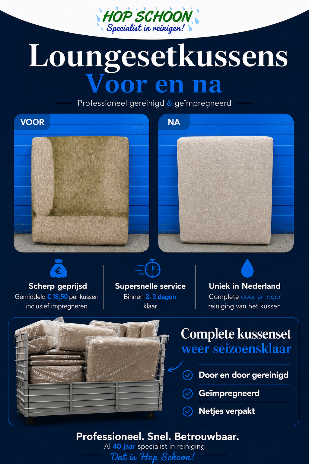 Loungesetkussens reinigen en impregneren door wasserij Hop Schoon – voor en na resultaat van door en door gereinigde tuinkussens