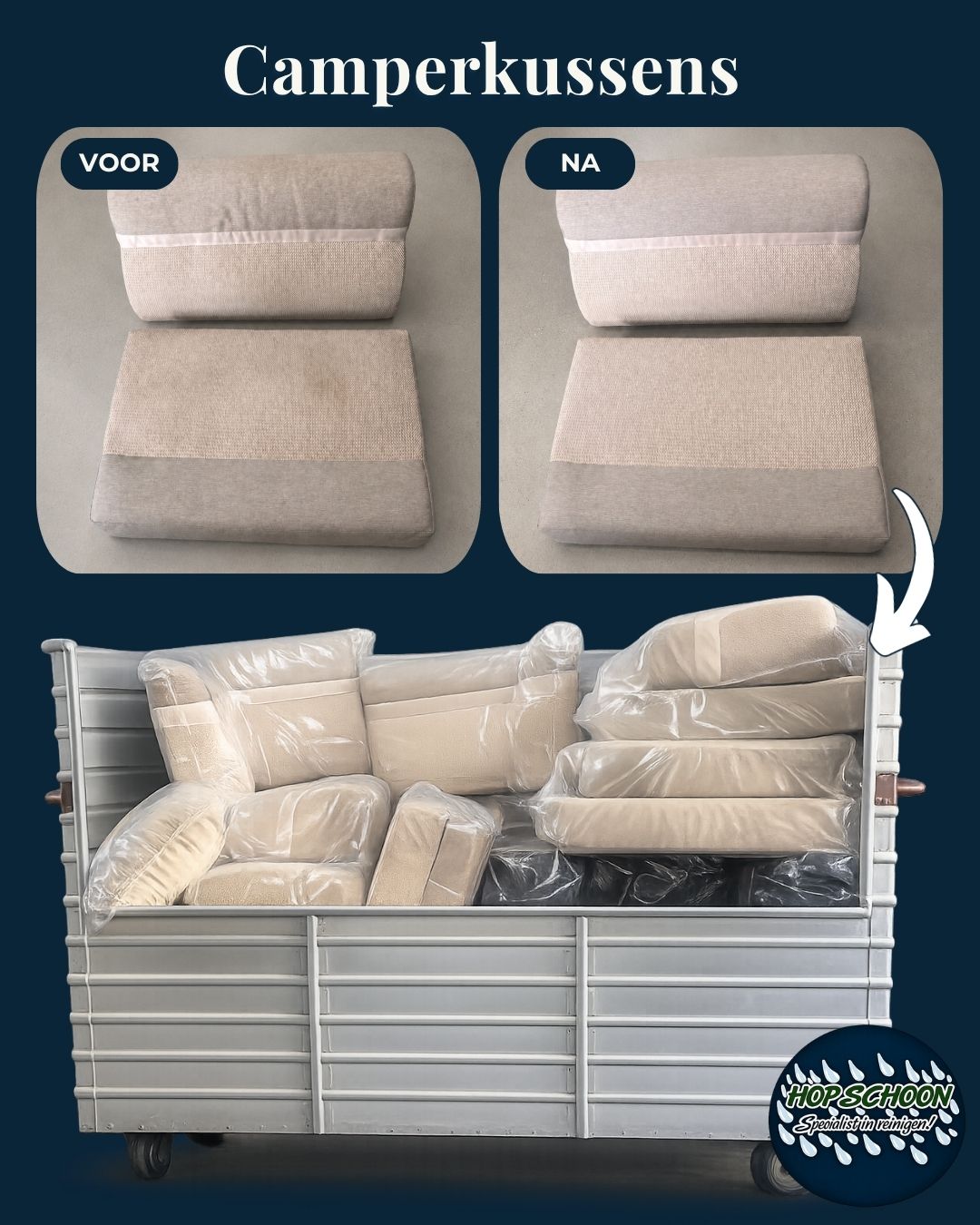 Voor en na van professioneel gereinigde camperkussens door Hop Schoon. Complete camperset diep gereinigd, geïmpregneerd en netjes verpakt.