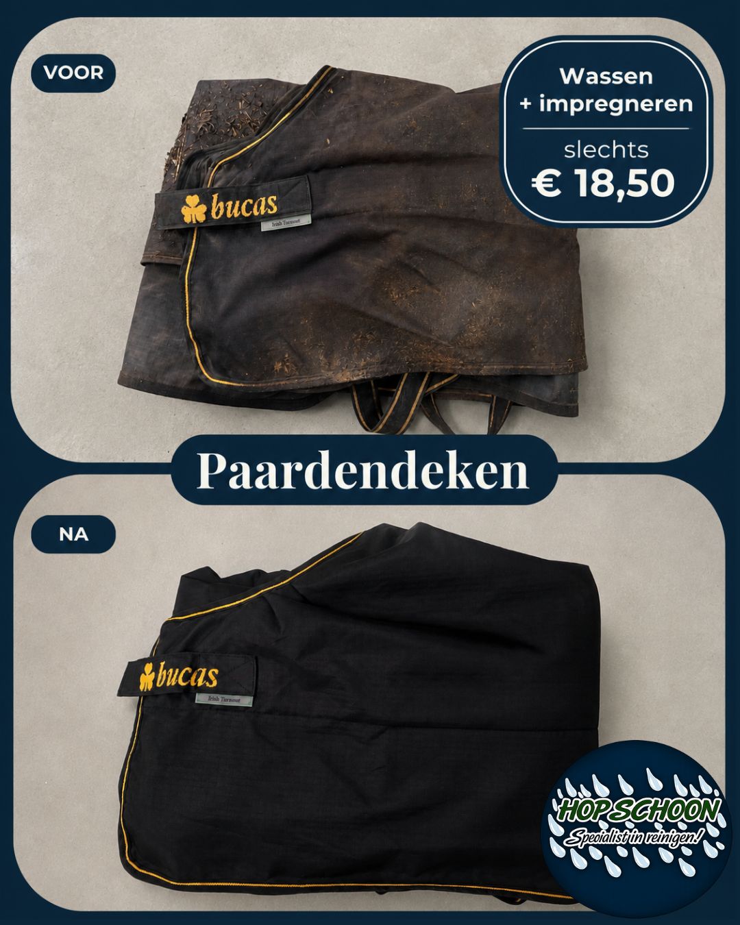 Voor en na foto van een gereinigde Bucas paardendeken na professioneel wassen en impregneren door Hop Schoon in Nijkerk.