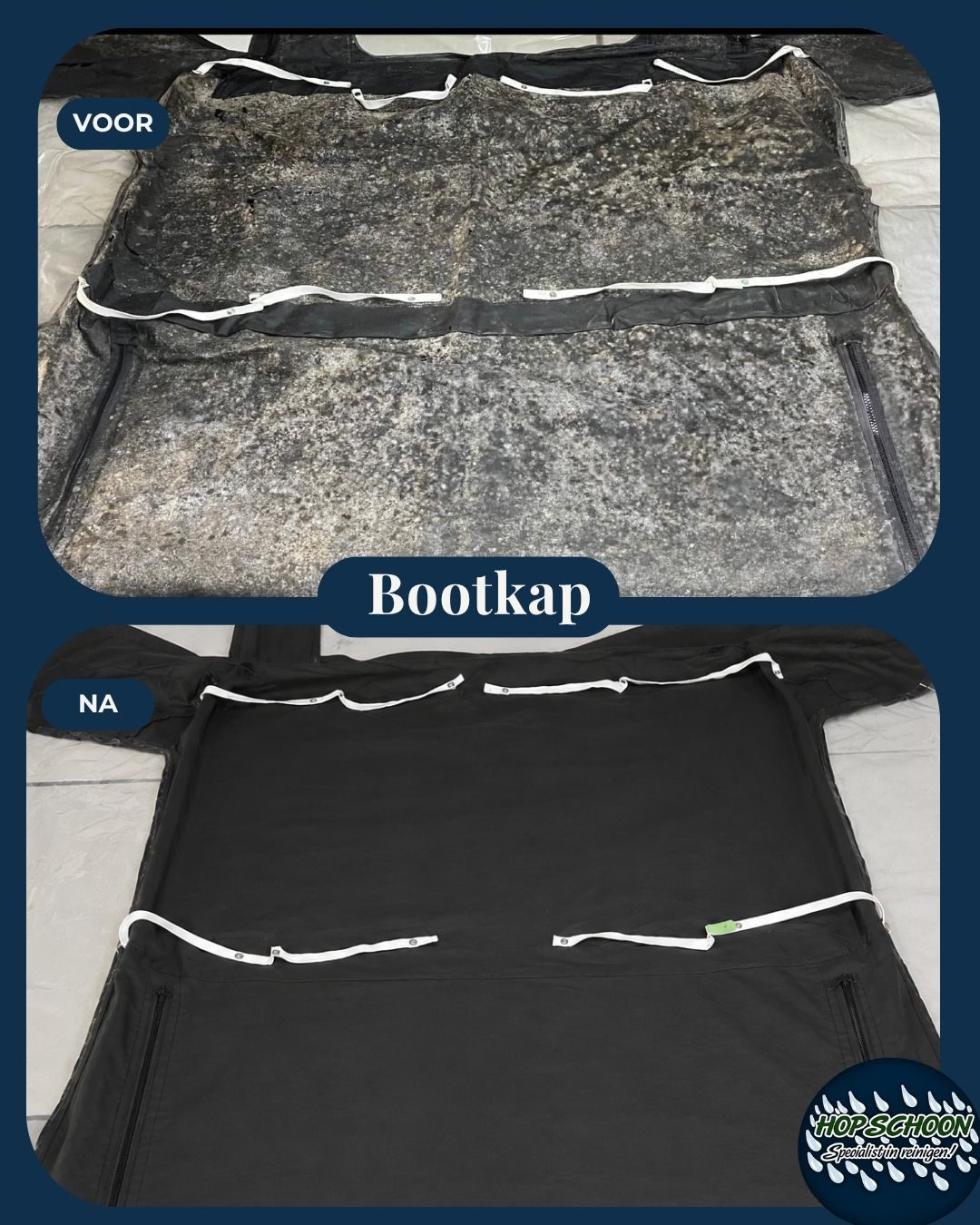 Voor en na resultaat van een professioneel gereinigde en geïmpregneerde bootkap door Wasserij Hop Schoon. Schimmel, algen en vervuiling zijn grondig verwijderd.
