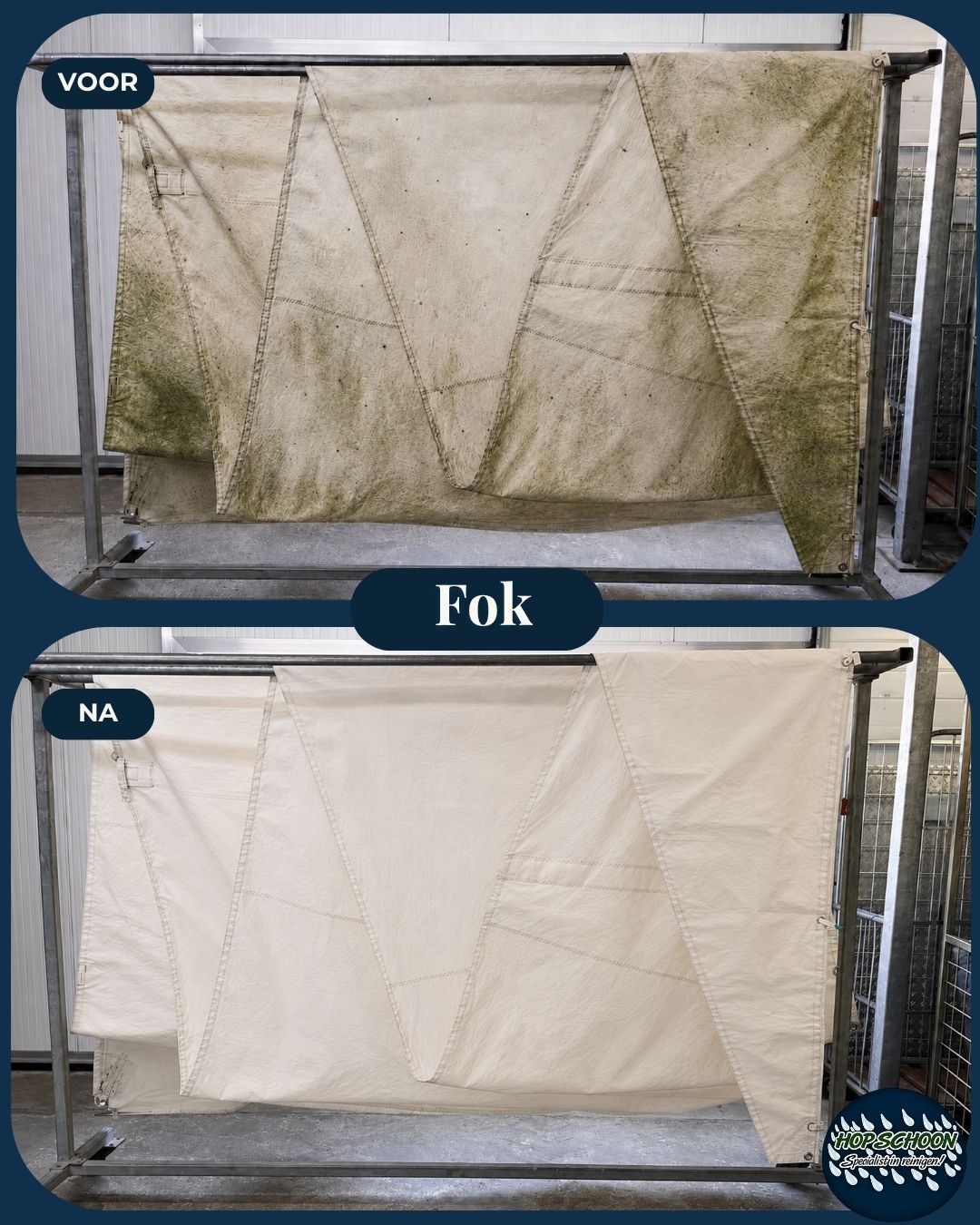 Voor en na resultaat van een professioneel gereinigde en geïmpregneerde fok of Genua door Wasserij Hop Schoon. Algen, vuil, zout en weersinvloeden zijn grondig verwijderd.