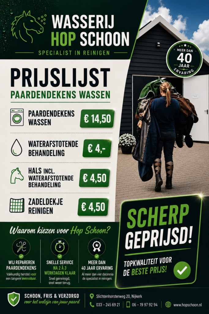 Paardendekens laten wassen bij Wasserij Hop Schoon in Nijkerk